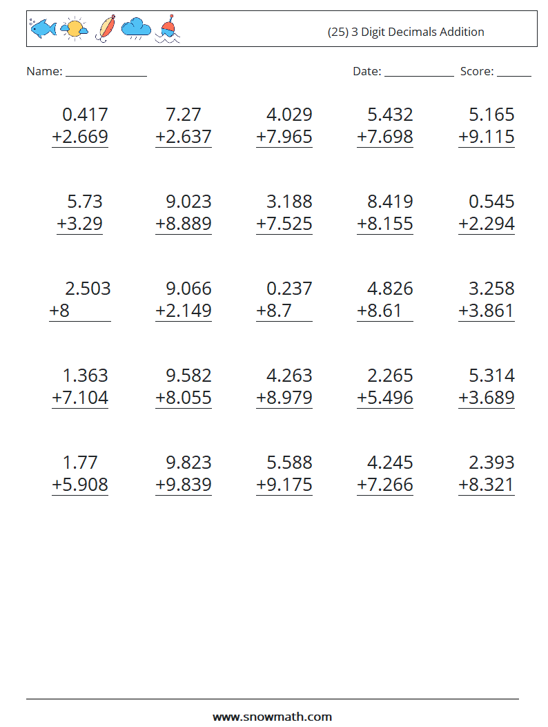 (25) 3 Digit Decimals Addition Maths Worksheets 4
