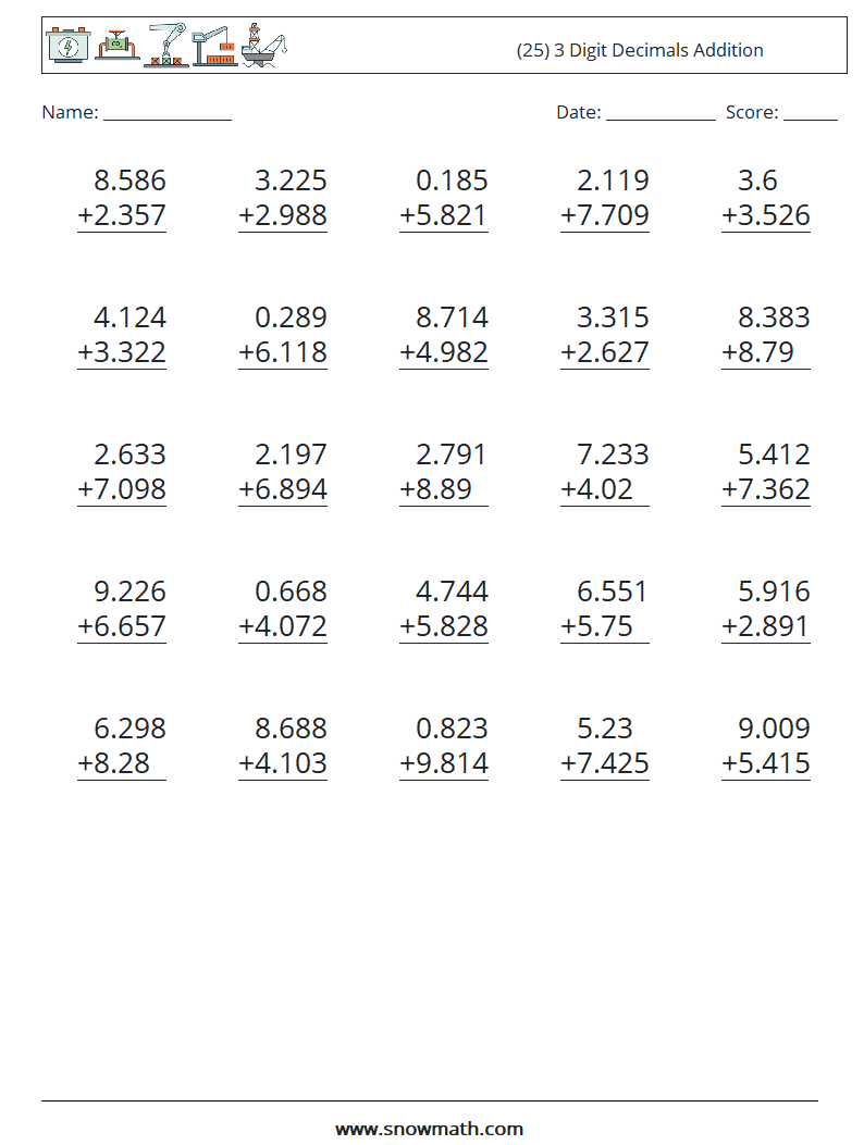 (25) 3 Digit Decimals Addition Math Worksheets 5