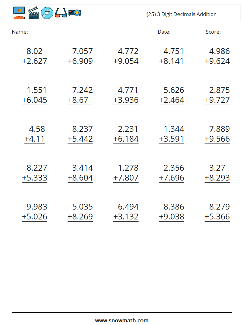 (25) 3 Digit Decimals Addition Maths Worksheets 6