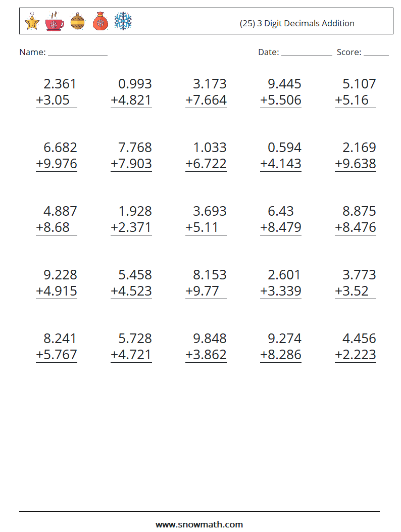 (25) 3 Digit Decimals Addition Maths Worksheets 7