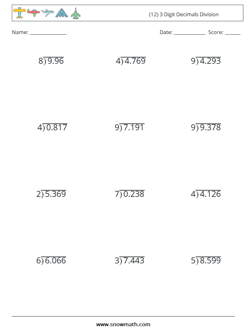 (12) 3 Digit Decimals Division Math Worksheets 10