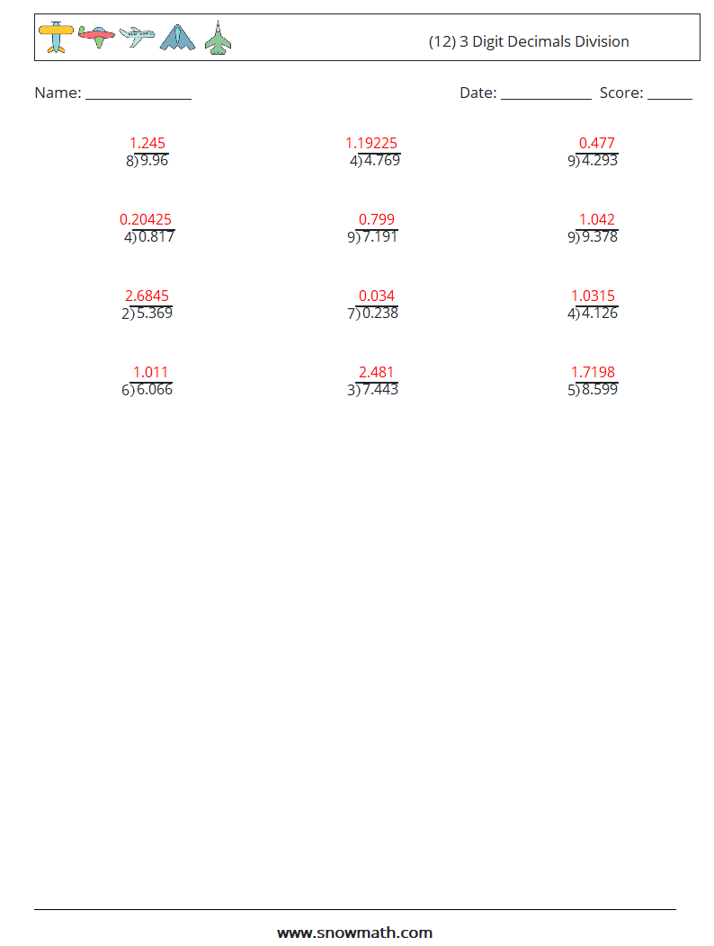 (12) 3 Digit Decimals Division Math Worksheets 10 Question, Answer