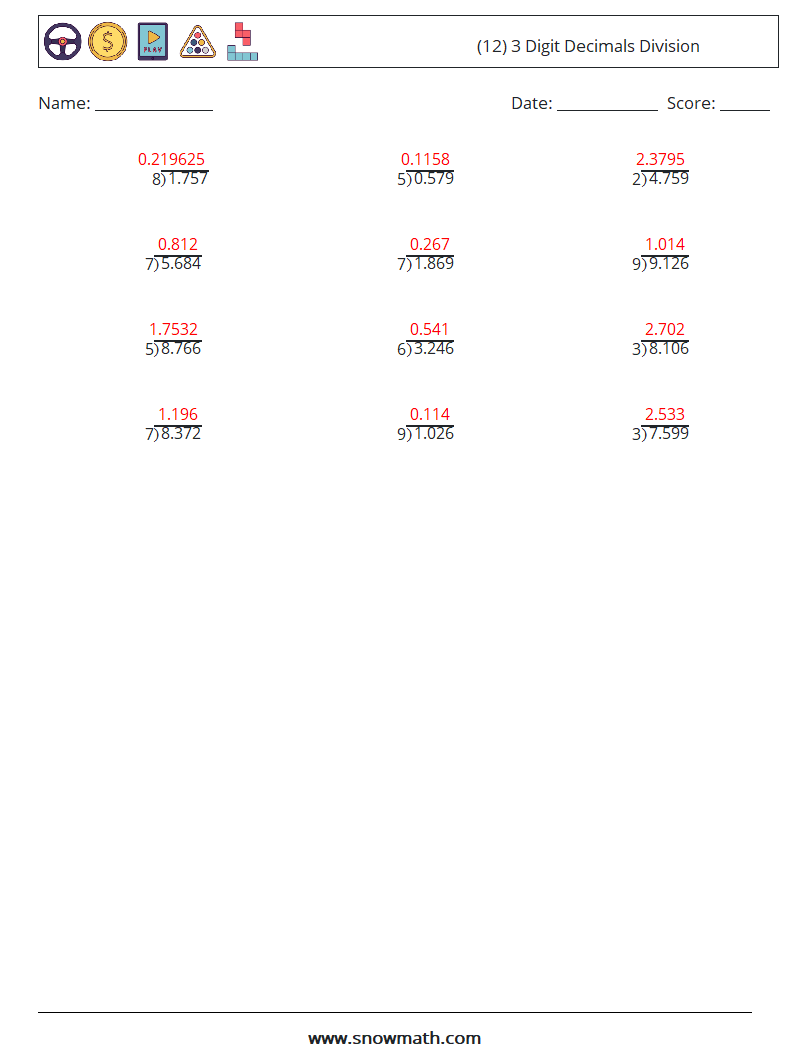 (12) 3 Digit Decimals Division Math Worksheets 15 Question, Answer
