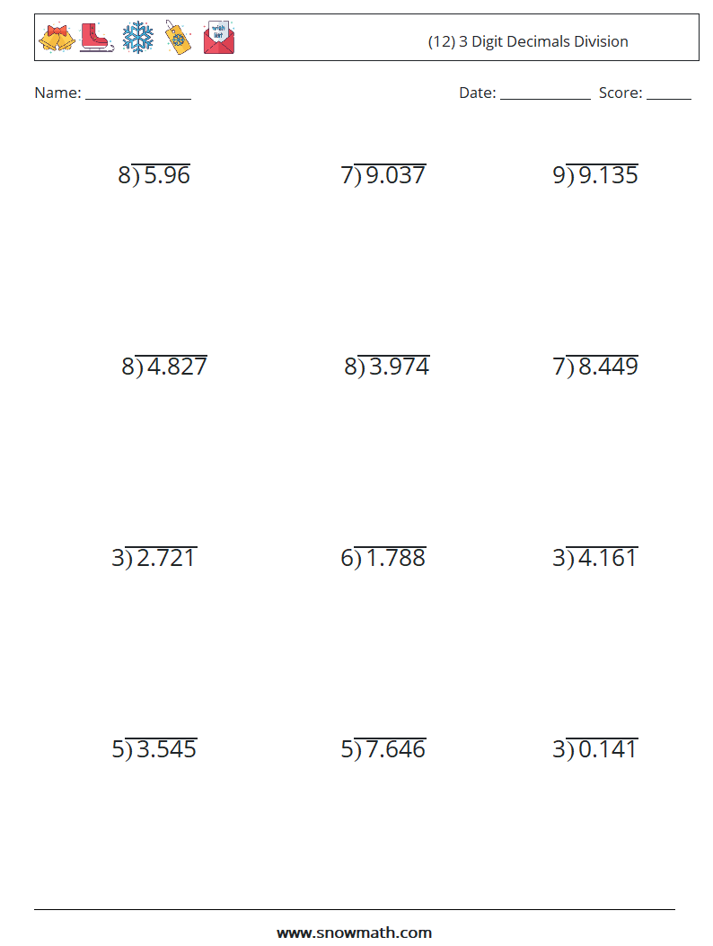 (12) 3 Digit Decimals Division Math Worksheets 16