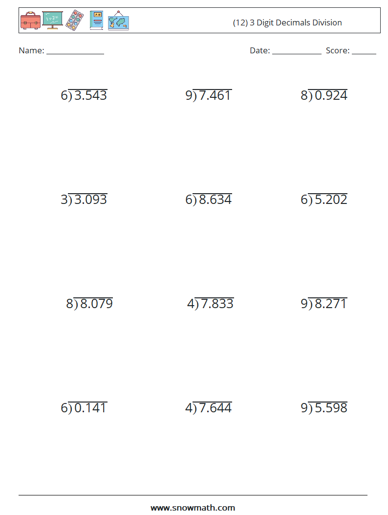 (12) 3 Digit Decimals Division Math Worksheets 3