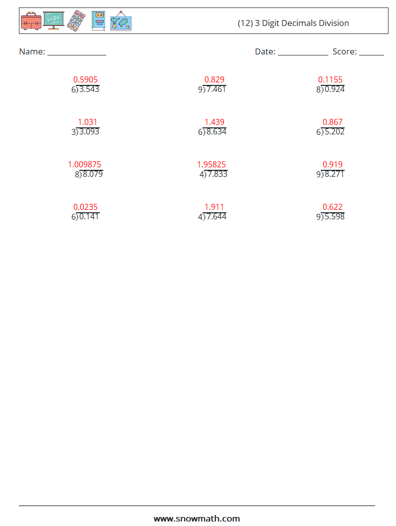 (12) 3 Digit Decimals Division Math Worksheets 3 Question, Answer