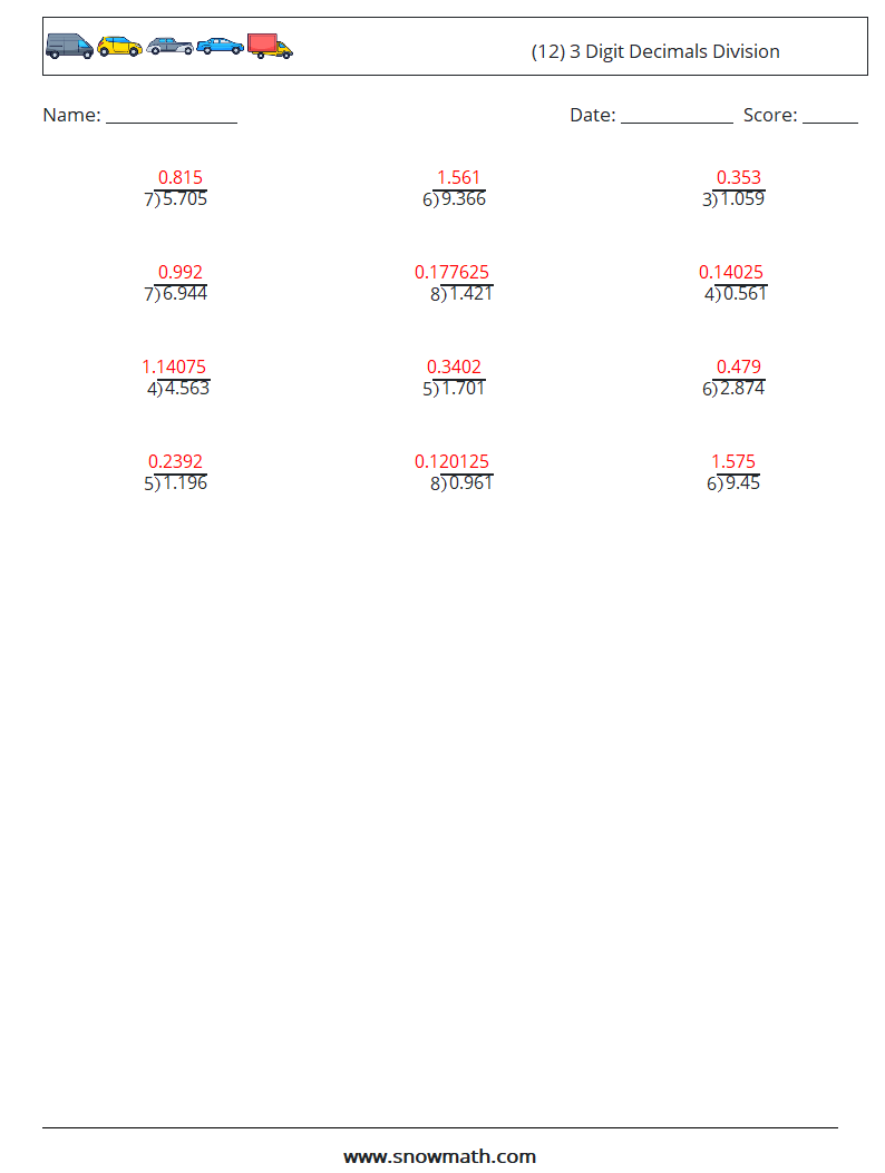 (12) 3 Digit Decimals Division Math Worksheets 8 Question, Answer