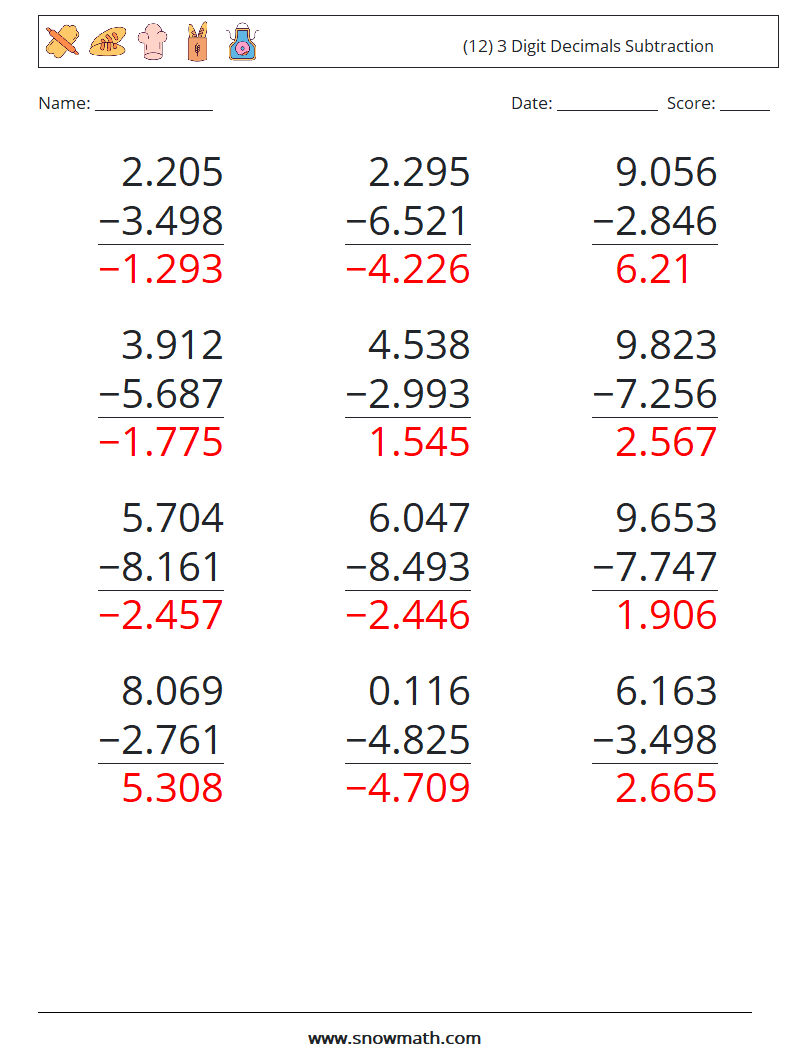 (12) 3 Digit Decimals Subtraction Math Worksheets 11 Question, Answer
