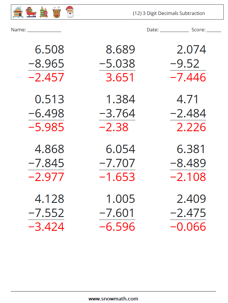 (12) 3 Digit Decimals Subtraction Math Worksheets 14 Question, Answer
