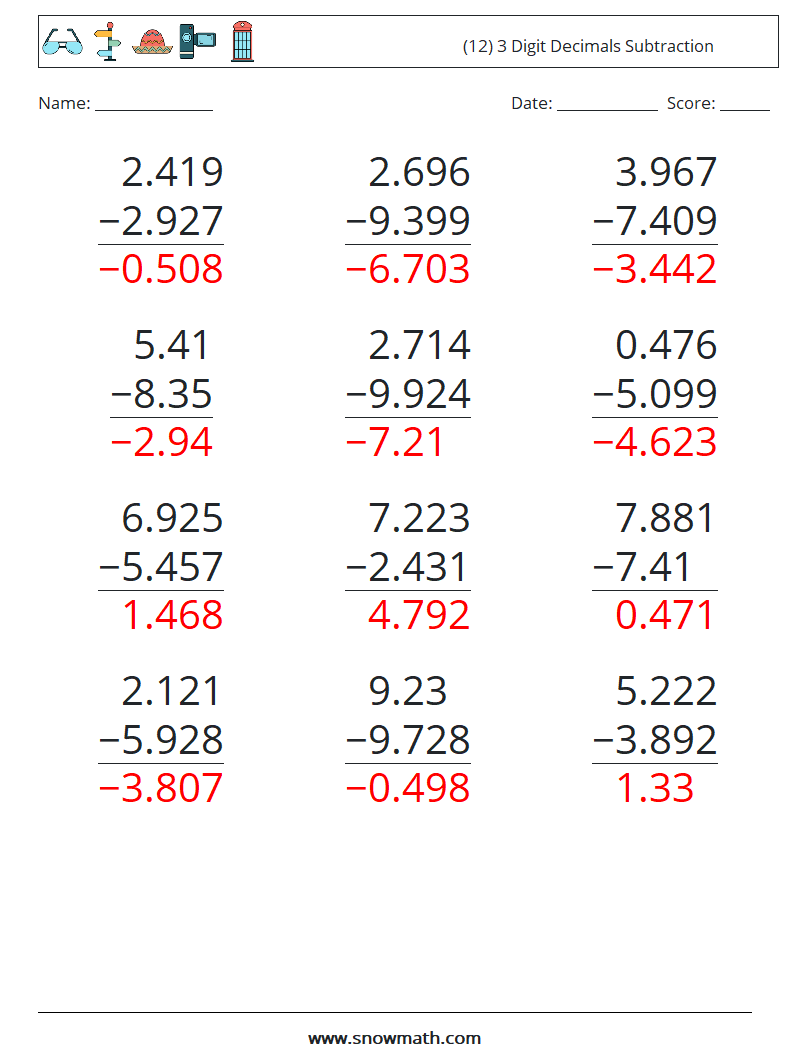 (12) 3 Digit Decimals Subtraction Math Worksheets 16 Question, Answer