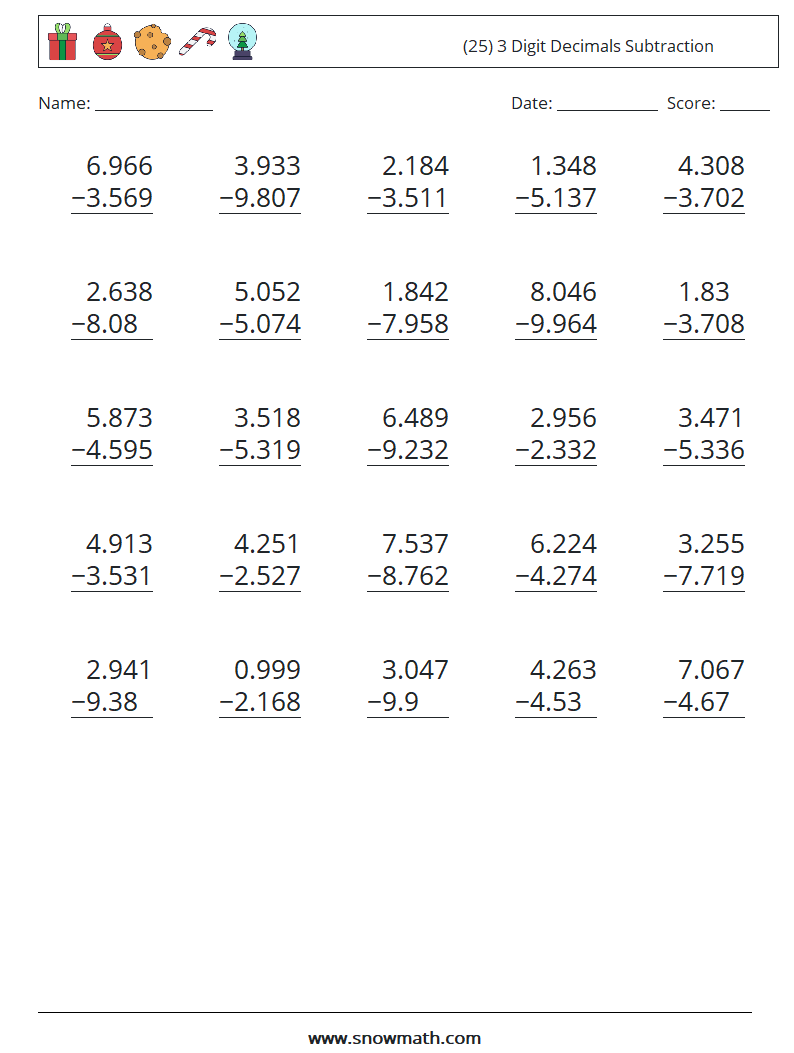 (25) 3 Digit Decimals Subtraction