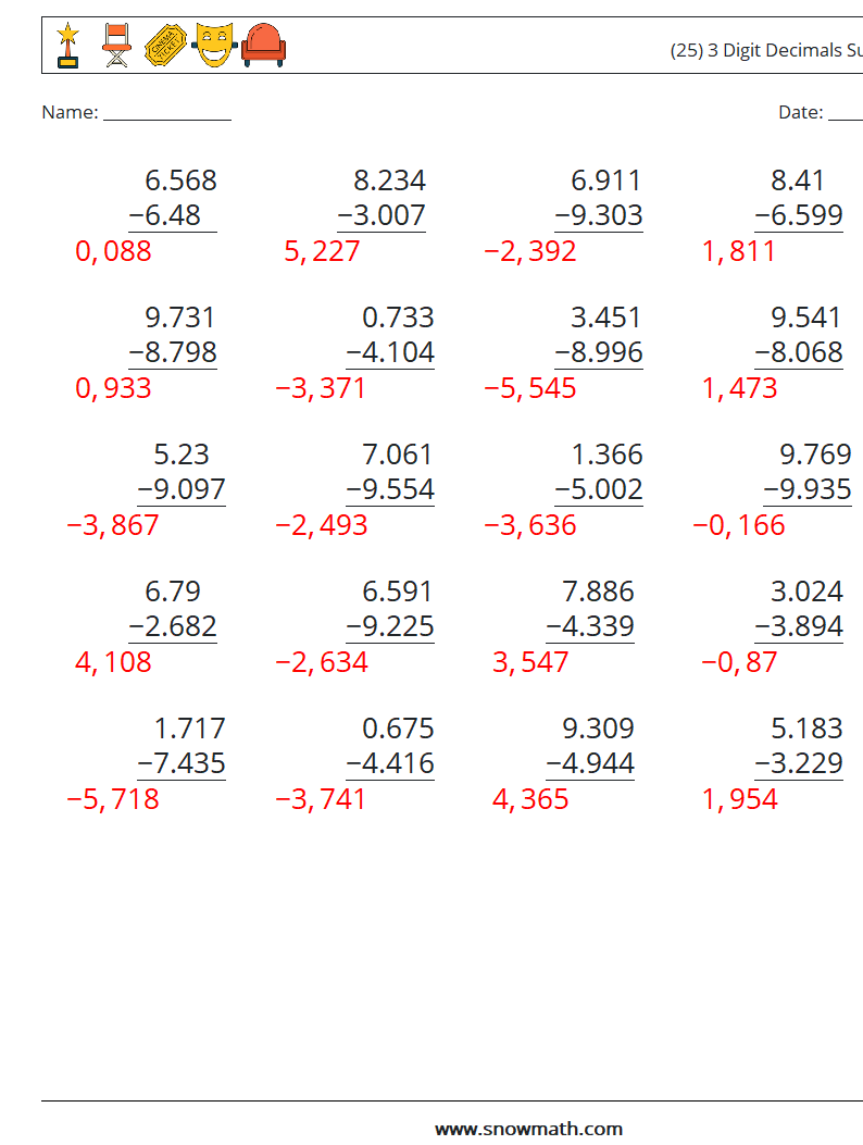 (25) 3 Digit Decimals Subtraction Math Worksheets 10 Question, Answer