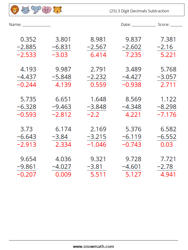 (25) 3 Digit Decimals Subtraction Math Worksheets 16 Question, Answer