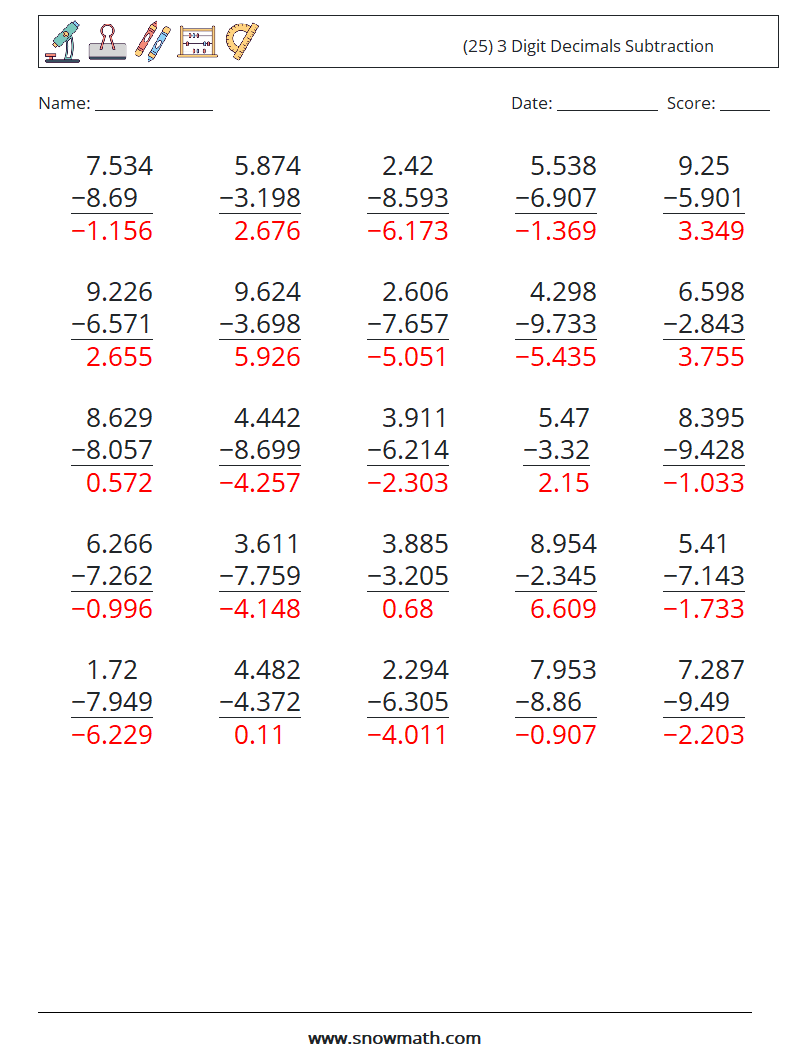 (25) 3 Digit Decimals Subtraction Math Worksheets 18 Question, Answer