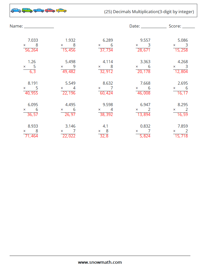 (25) Decimals Multiplication(3-digit by integer) Math Worksheets 10 Question, Answer