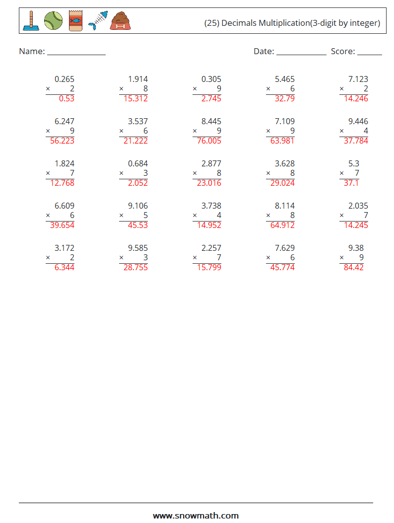 (25) Decimals Multiplication(3-digit by integer) Math Worksheets 13 Question, Answer