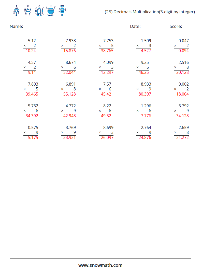 (25) Decimals Multiplication(3-digit by integer) Math Worksheets 17 Question, Answer