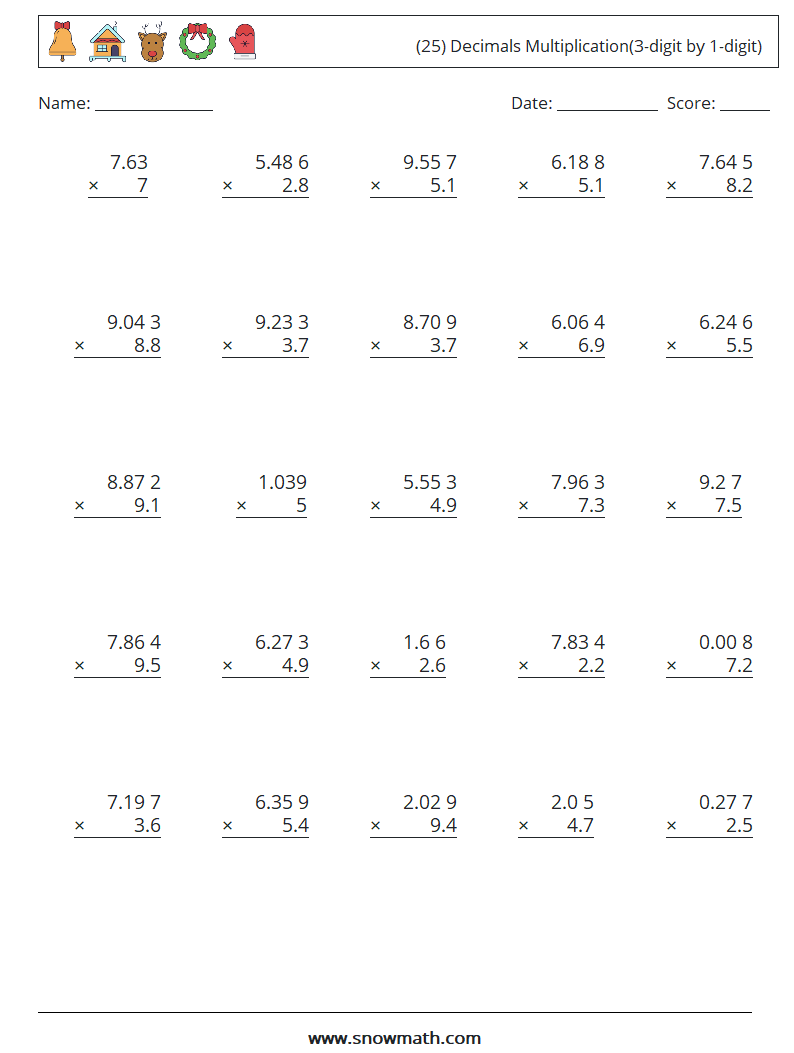 (25) Decimals Multiplication(3-digit by 1-digit)