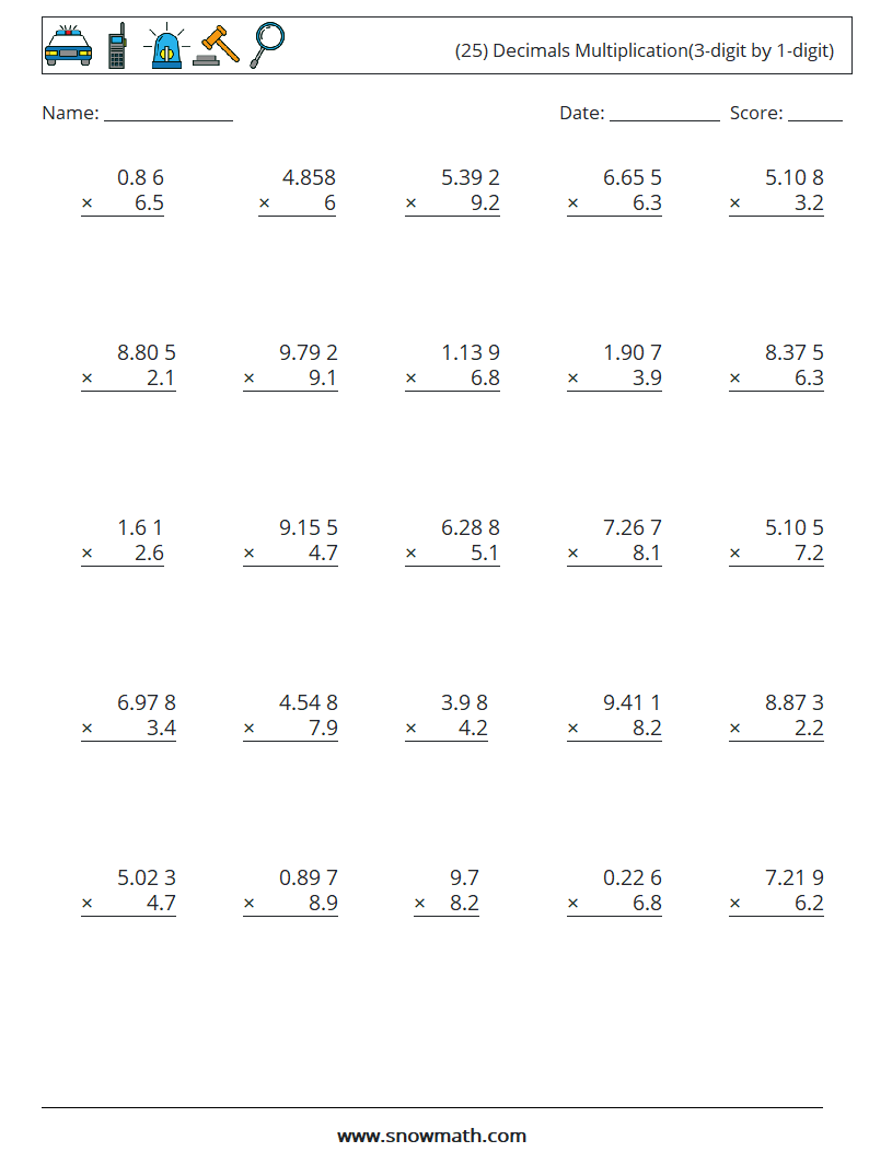 (25) Decimals Multiplication(3-digit by 1-digit) Math Worksheets 10