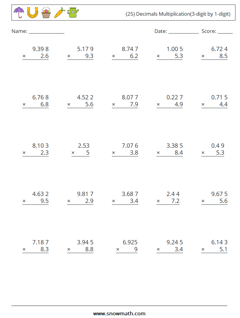 (25) Decimals Multiplication(3-digit by 1-digit) Math Worksheets 12