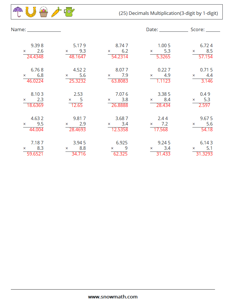 (25) Decimals Multiplication(3-digit by 1-digit) Math Worksheets 12 Question, Answer