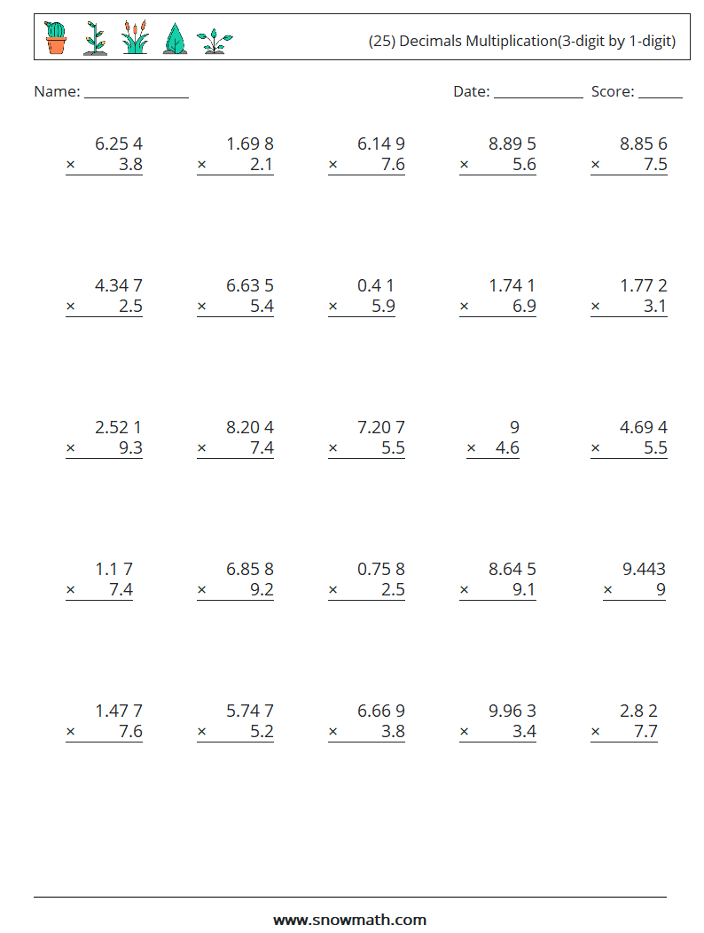 (25) Decimals Multiplication(3-digit by 1-digit) Maths Worksheets 13