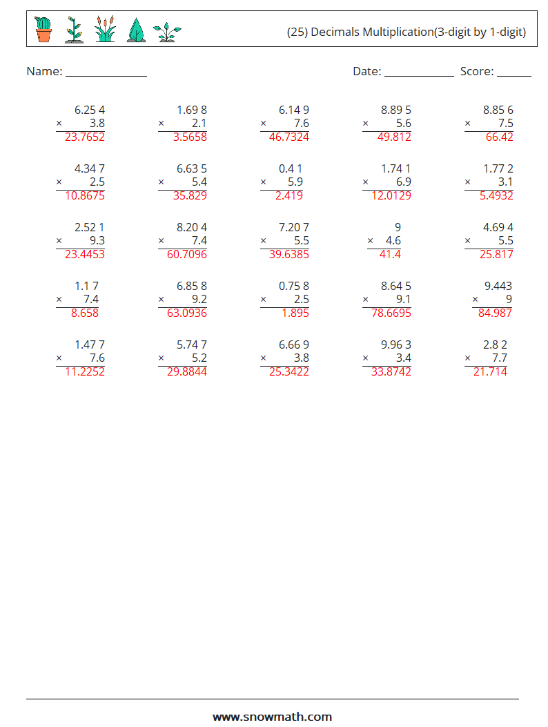 (25) Decimals Multiplication(3-digit by 1-digit) Math Worksheets 13 Question, Answer