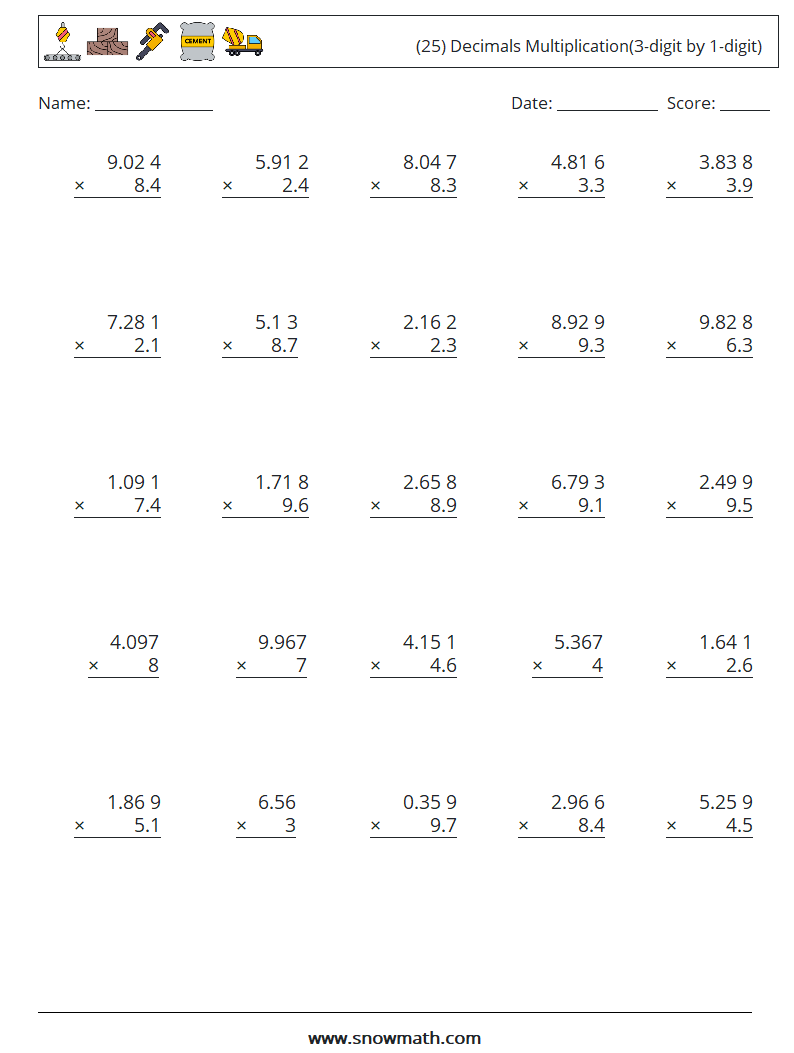 (25) Decimals Multiplication(3-digit by 1-digit) Math Worksheets 15
