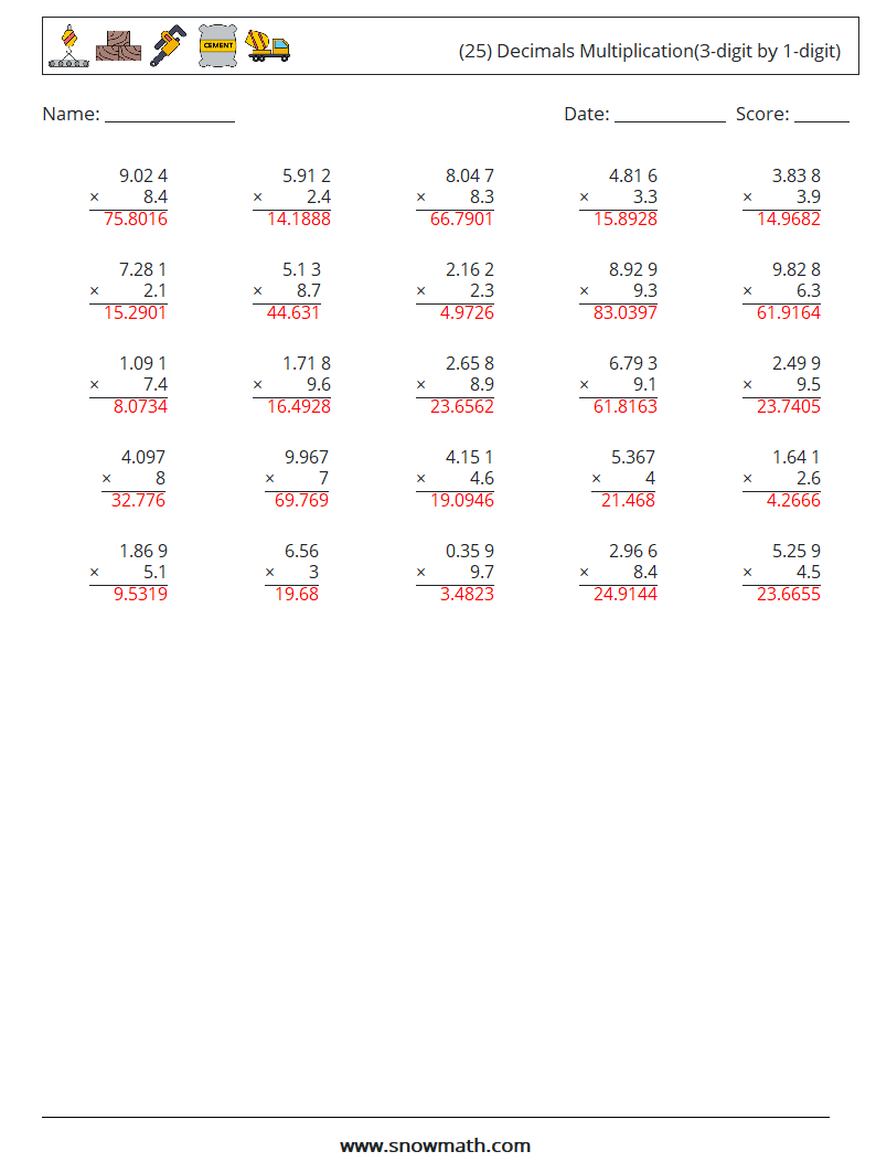 (25) Decimals Multiplication(3-digit by 1-digit) Math Worksheets 15 Question, Answer