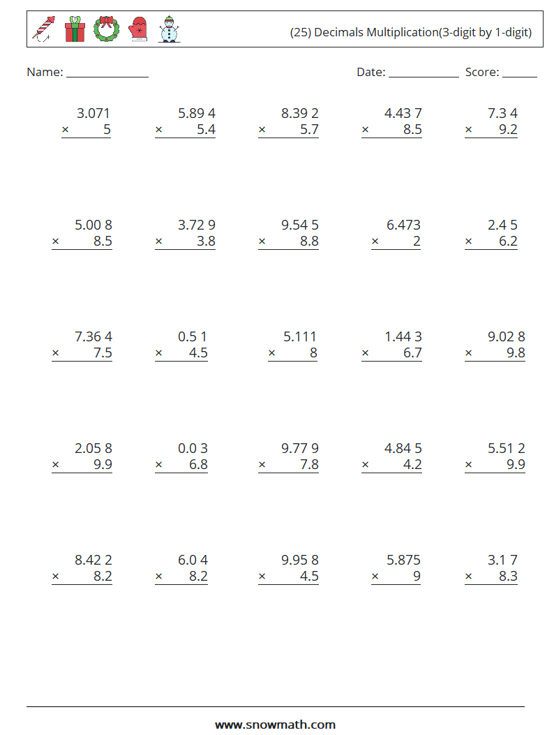 (25) Decimals Multiplication(3-digit by 1-digit) Maths Worksheets 16