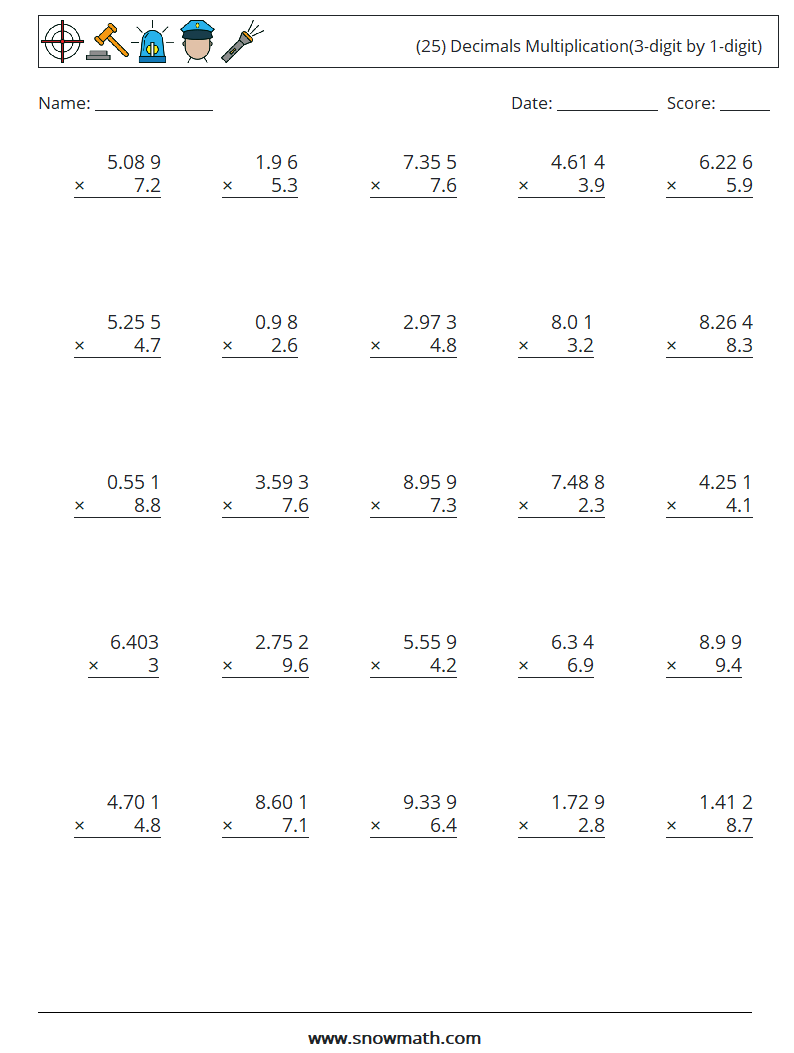 (25) Decimals Multiplication(3-digit by 1-digit) Math Worksheets 17