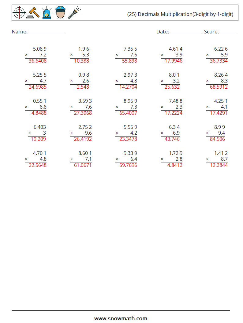 (25) Decimals Multiplication(3-digit by 1-digit) Math Worksheets 17 Question, Answer