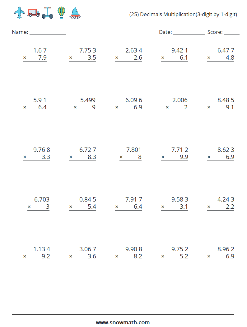 (25) Decimals Multiplication(3-digit by 1-digit) Math Worksheets 18