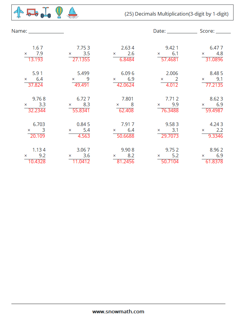 (25) Decimals Multiplication(3-digit by 1-digit) Math Worksheets 18 Question, Answer