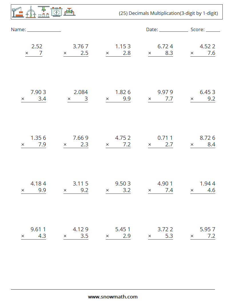 (25) Decimals Multiplication(3-digit by 1-digit) Math Worksheets 2
