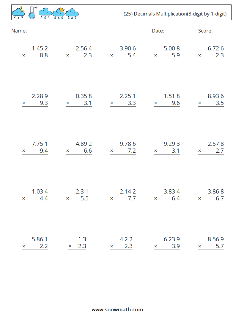 (25) Decimals Multiplication(3-digit by 1-digit) Math Worksheets 3