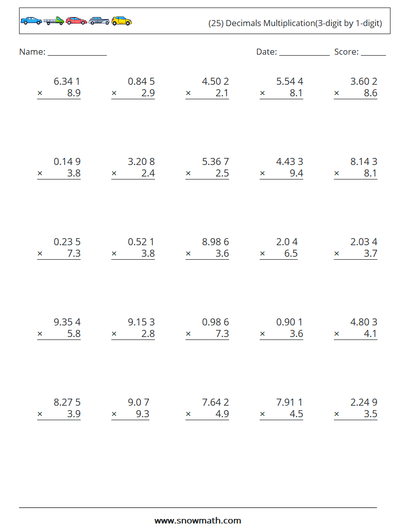 (25) Decimals Multiplication(3-digit by 1-digit) Math Worksheets 4