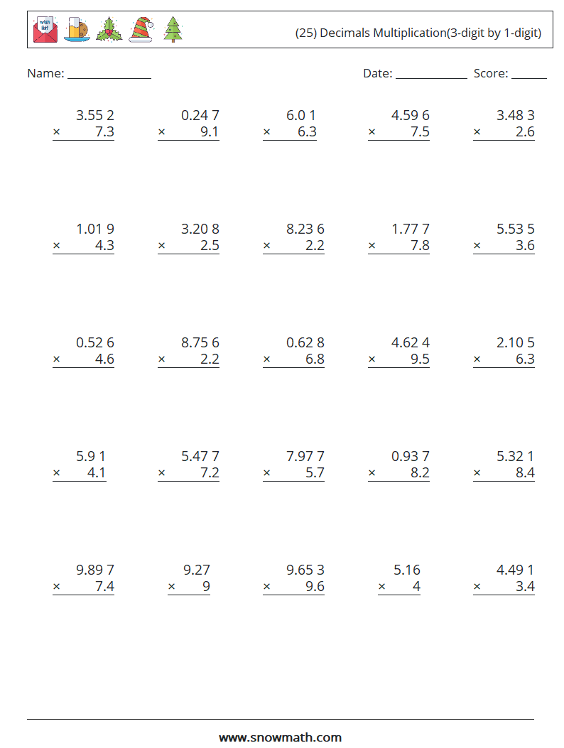 (25) Decimals Multiplication(3-digit by 1-digit) Math Worksheets 7