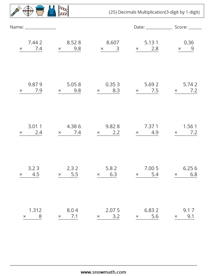(25) Decimals Multiplication(3-digit by 1-digit) Maths Worksheets 8