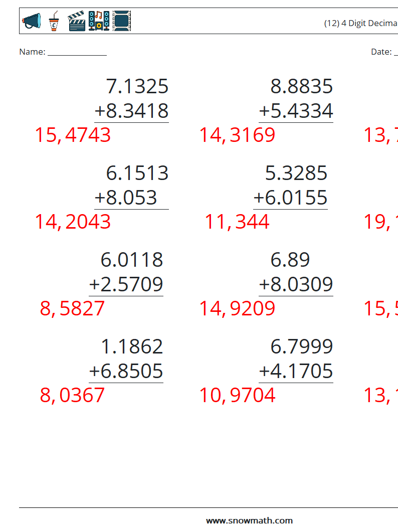 (12) 4 Digit Decimals Addition Math Worksheets 10 Question, Answer