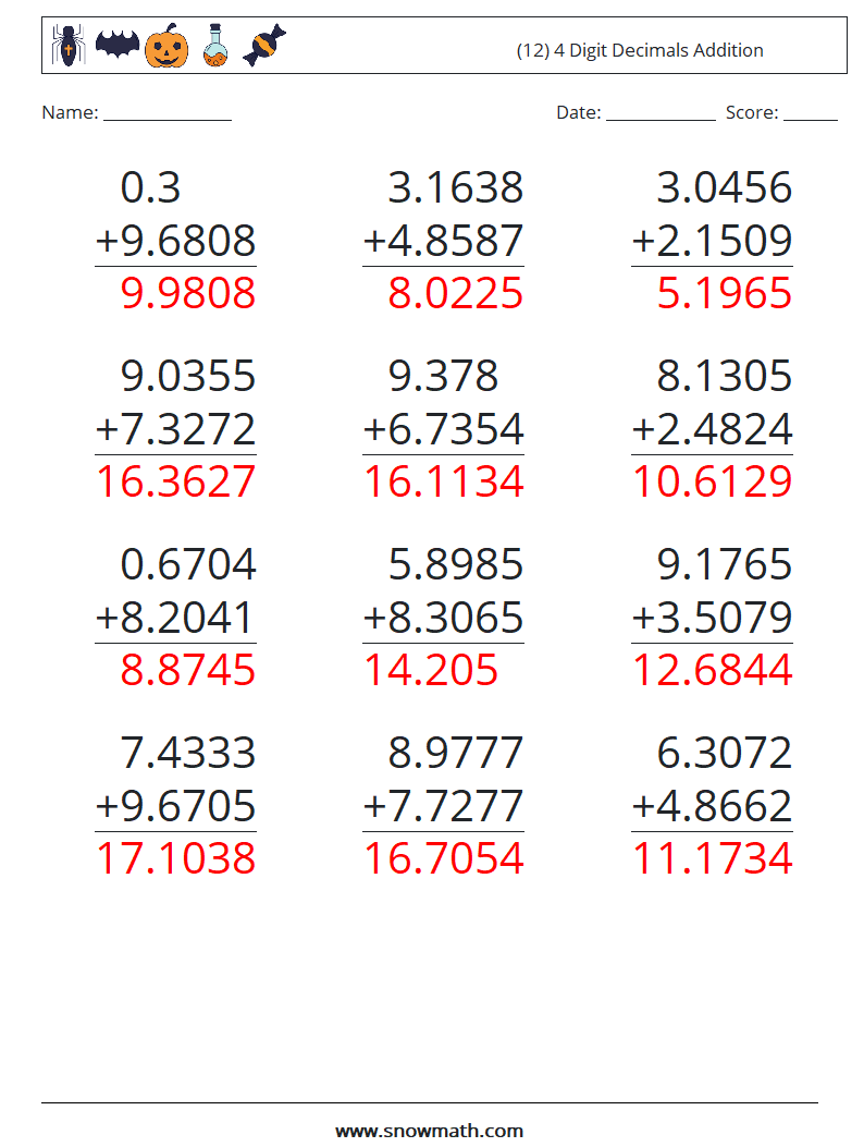 (12) 4 Digit Decimals Addition Math Worksheets 12 Question, Answer
