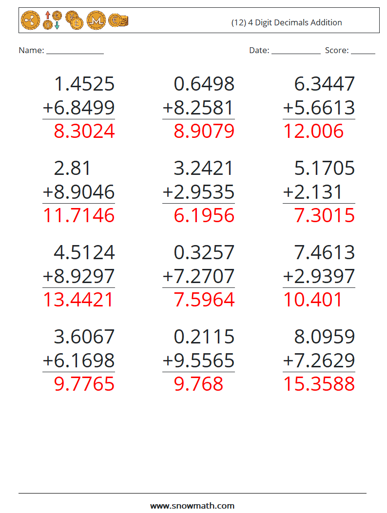 (12) 4 Digit Decimals Addition Math Worksheets 13 Question, Answer