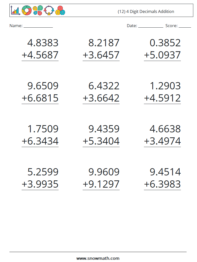 (12) 4 Digit Decimals Addition Math Worksheets 14