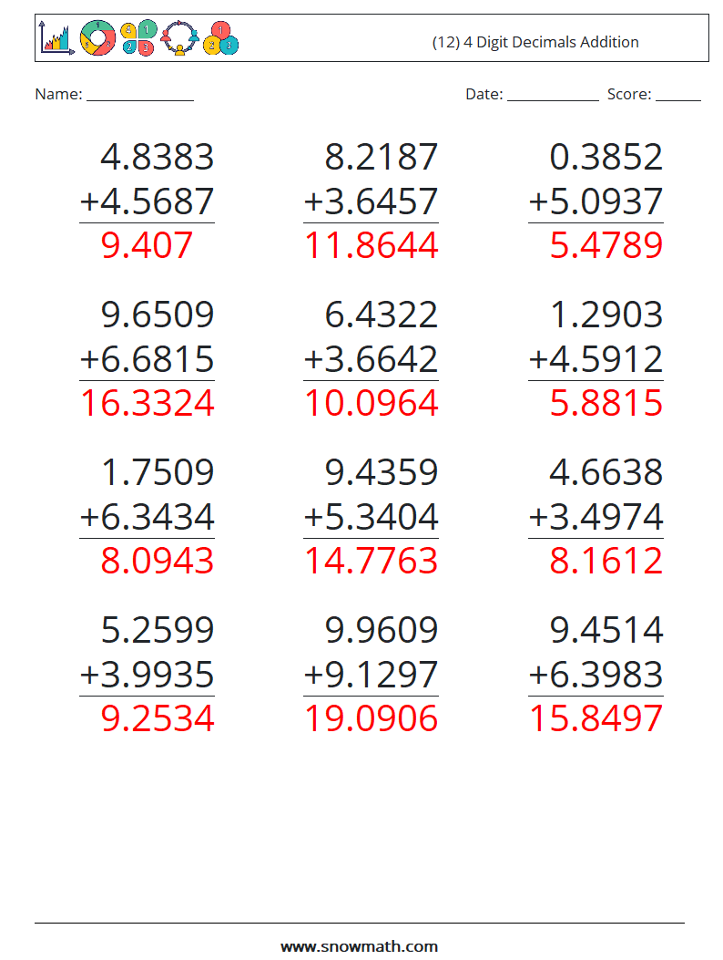 (12) 4 Digit Decimals Addition Math Worksheets 14 Question, Answer