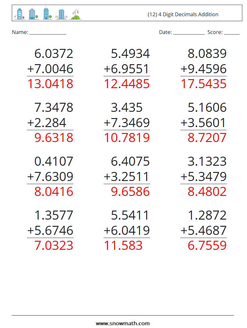 (12) 4 Digit Decimals Addition Math Worksheets 15 Question, Answer