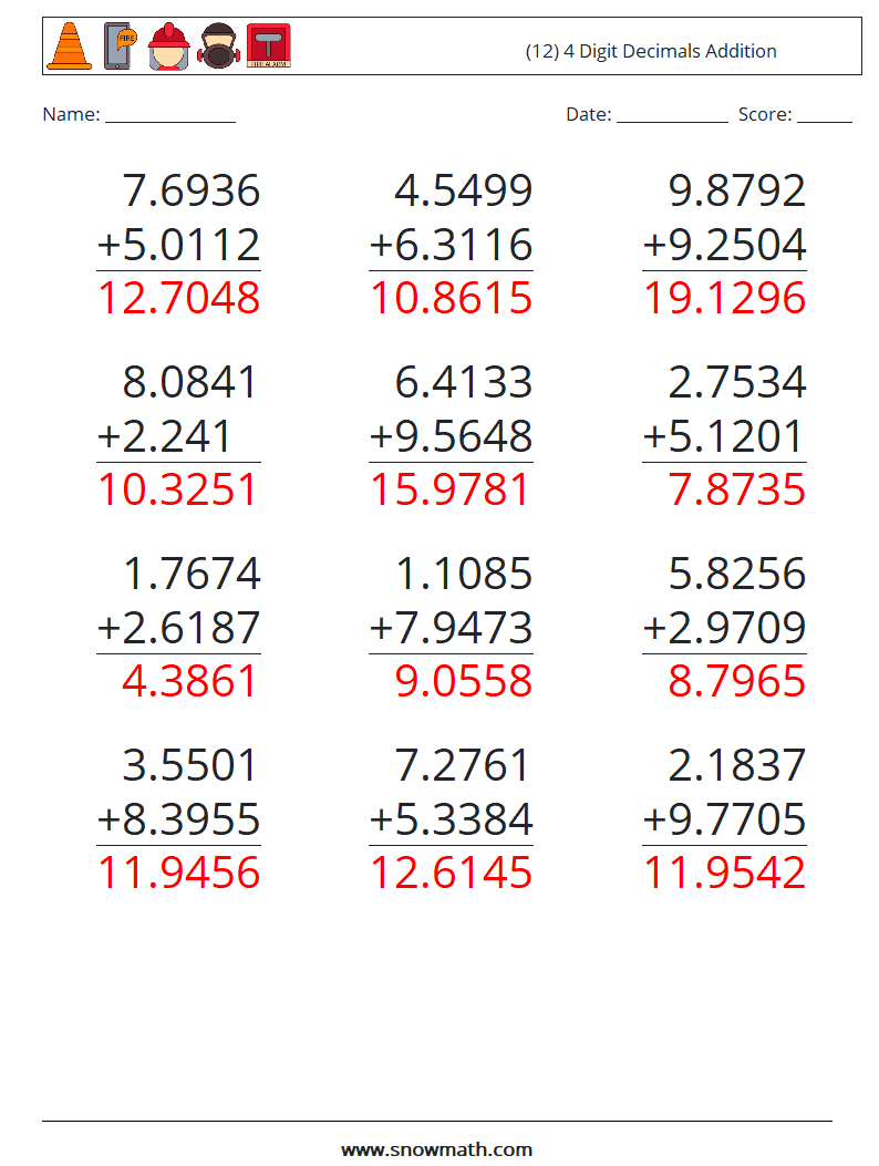 (12) 4 Digit Decimals Addition Math Worksheets 16 Question, Answer