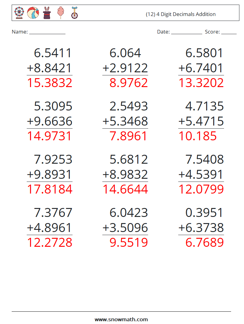 (12) 4 Digit Decimals Addition Math Worksheets 17 Question, Answer