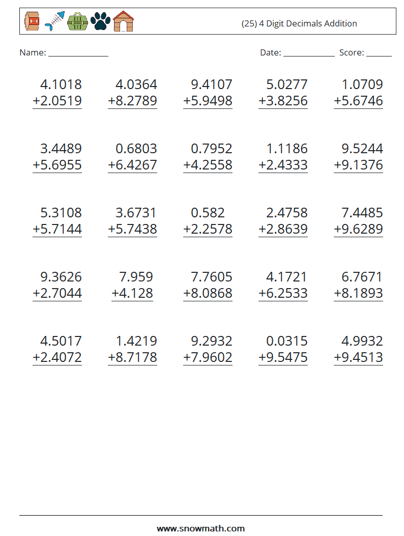 (25) 4 Digit Decimals Addition Math Worksheets 3