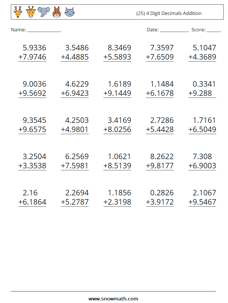 (25) 4 Digit Decimals Addition Maths Worksheets 5