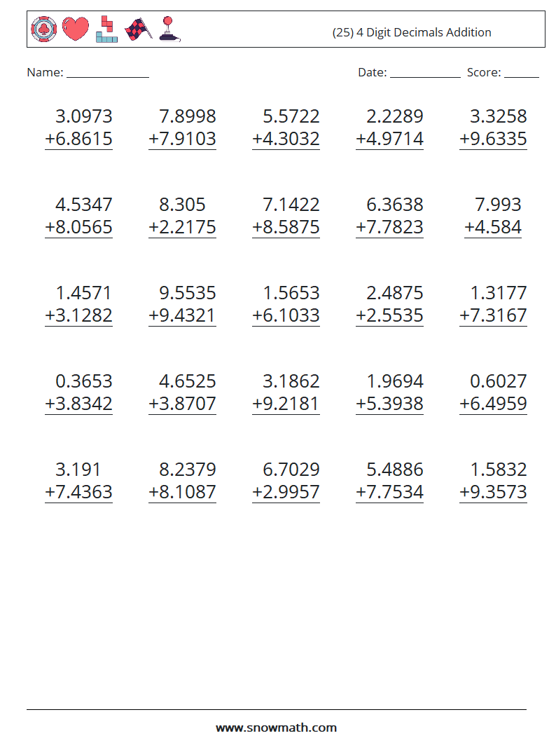 (25) 4 Digit Decimals Addition Maths Worksheets 6
